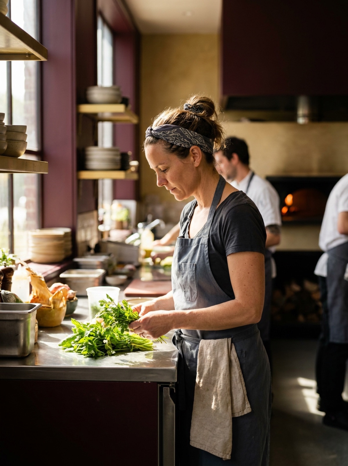 Chef Mara Lindqvist at the pass in the afternoon light, tasting a sauce from a wooden spoon with her sleeves rolled up