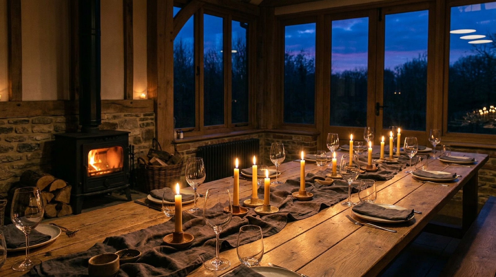 The private Ember Room set for twelve, candles down the length of a walnut table, a small wood stove glowing in the corner