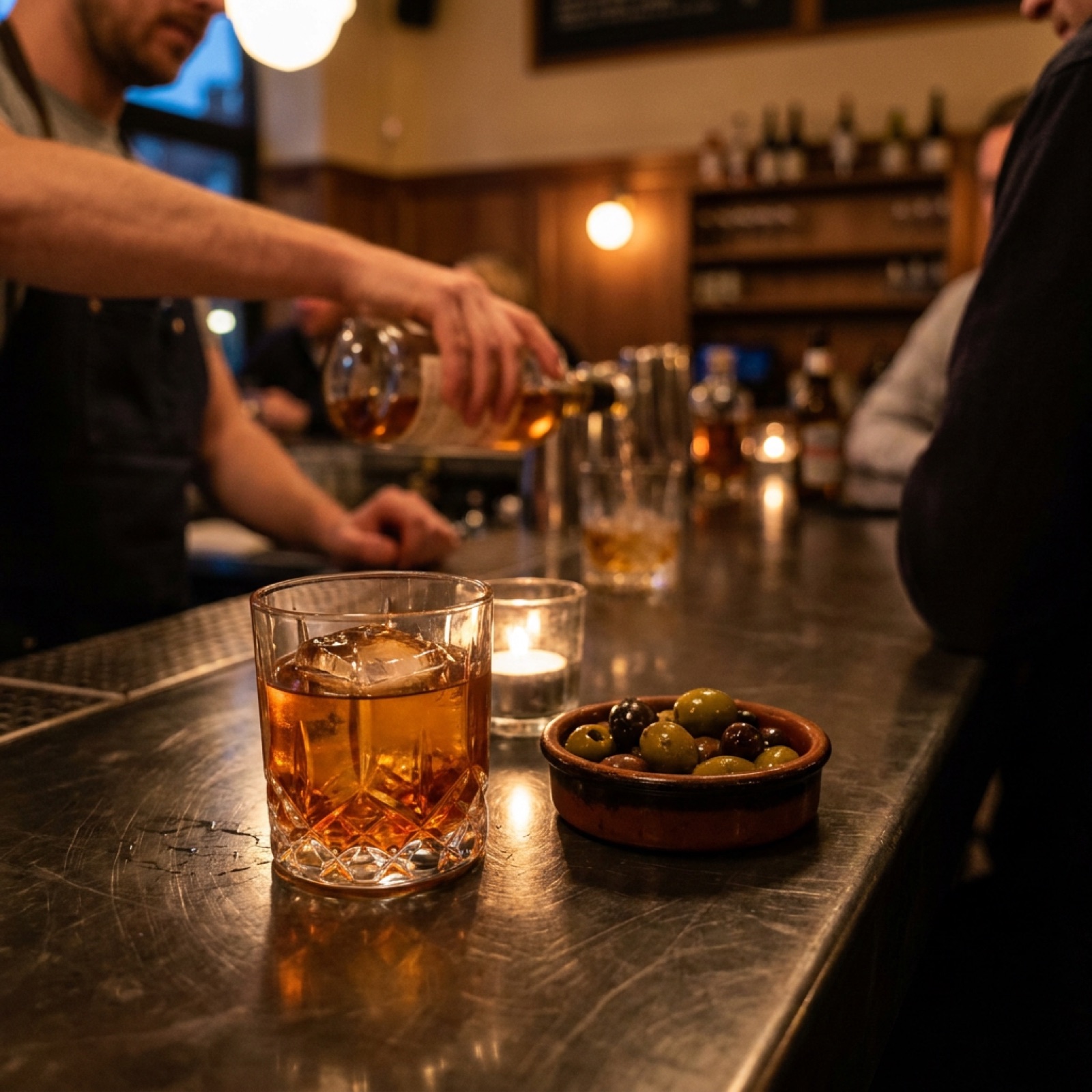 The bar at Emberfield mid-evening, a bartender pouring wine while two guests laugh over oysters