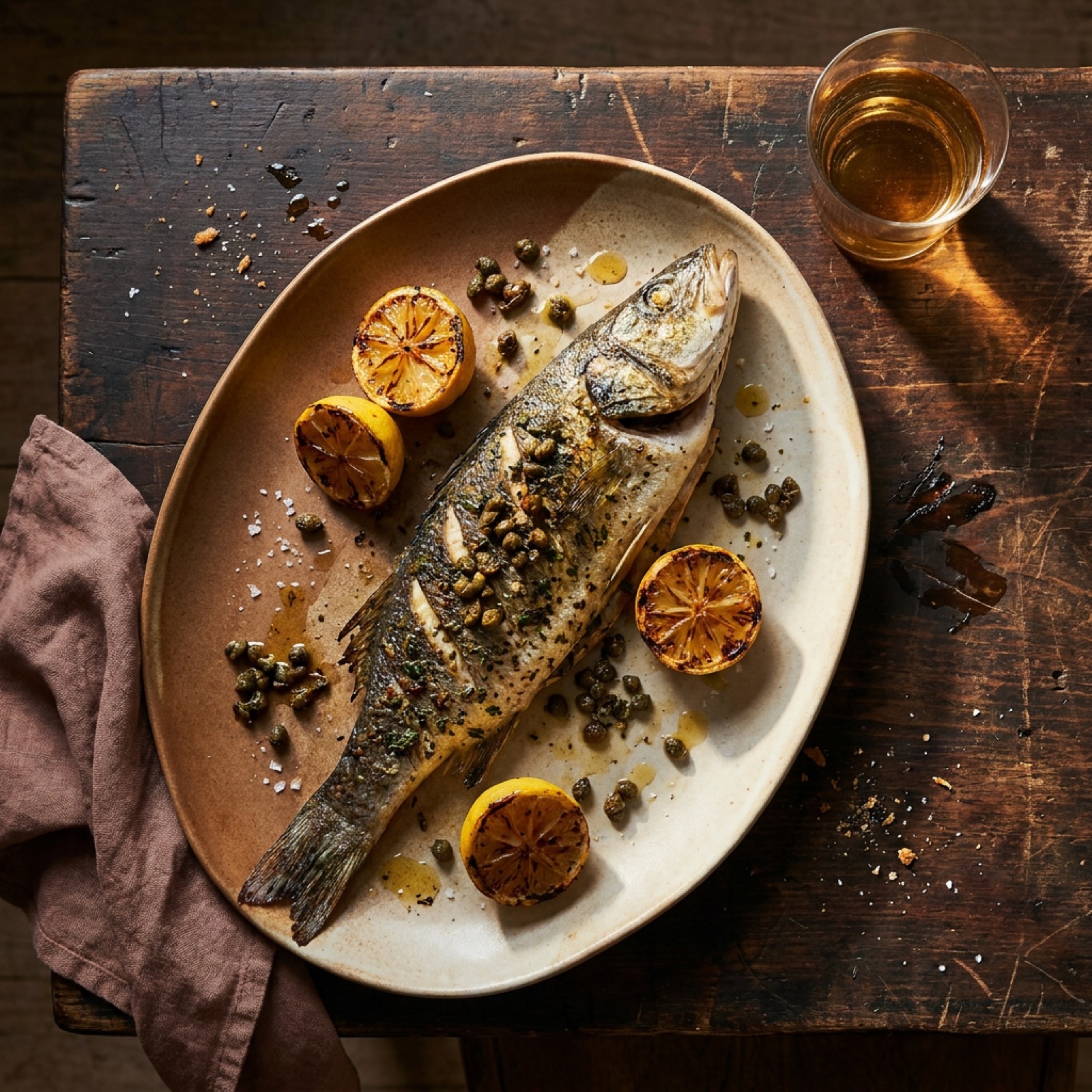 Whole grilled branzino on a warm platter with charred lemon and fennel, just off the coals