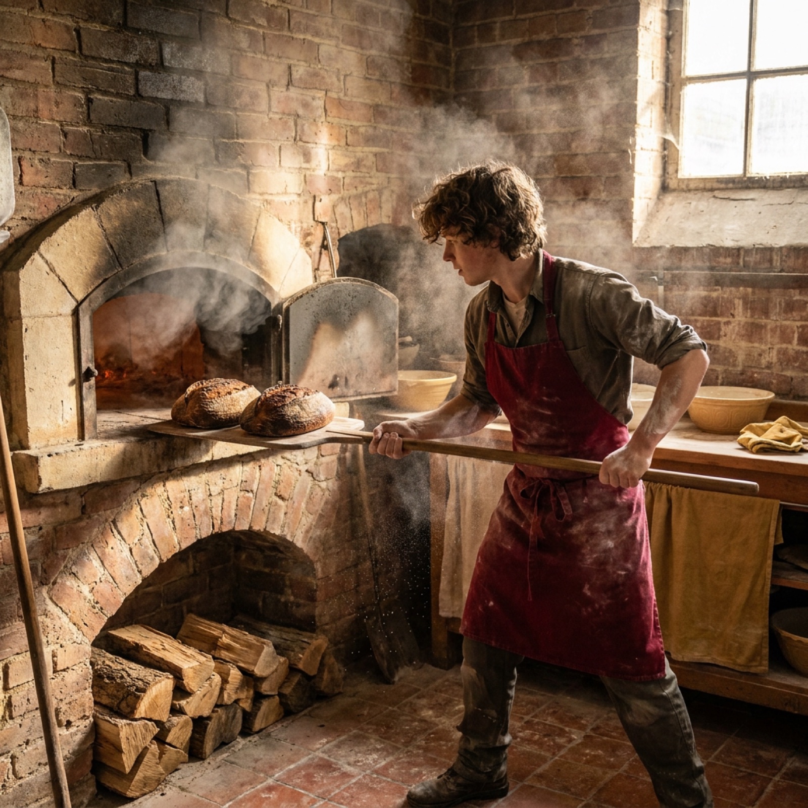 A baker pulling a tray of hearth loaves from the old brick bakery oven, steam rising