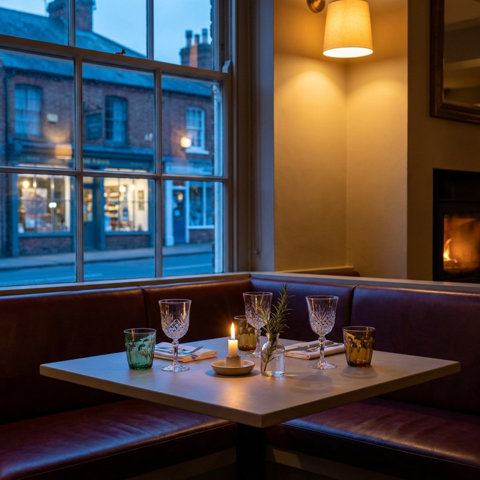 The corner table by the window at dusk, set for four, the street glowing outside