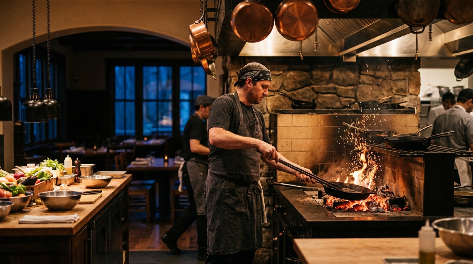The open kitchen at Emberfield with the wood-fired hearth glowing, a cook turning a whole fish over the coals as the dining room fills at dusk