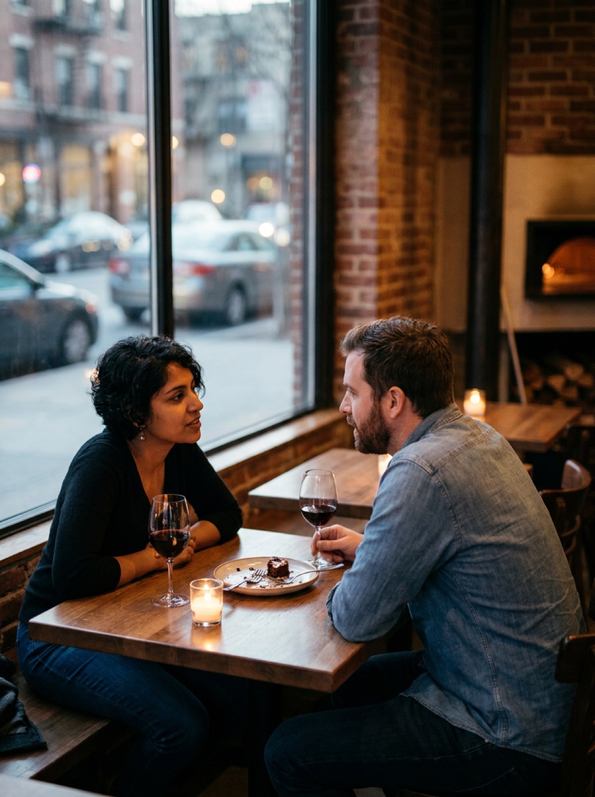 A couple in their forties at the corner table, mid-conversation over the last of dessert